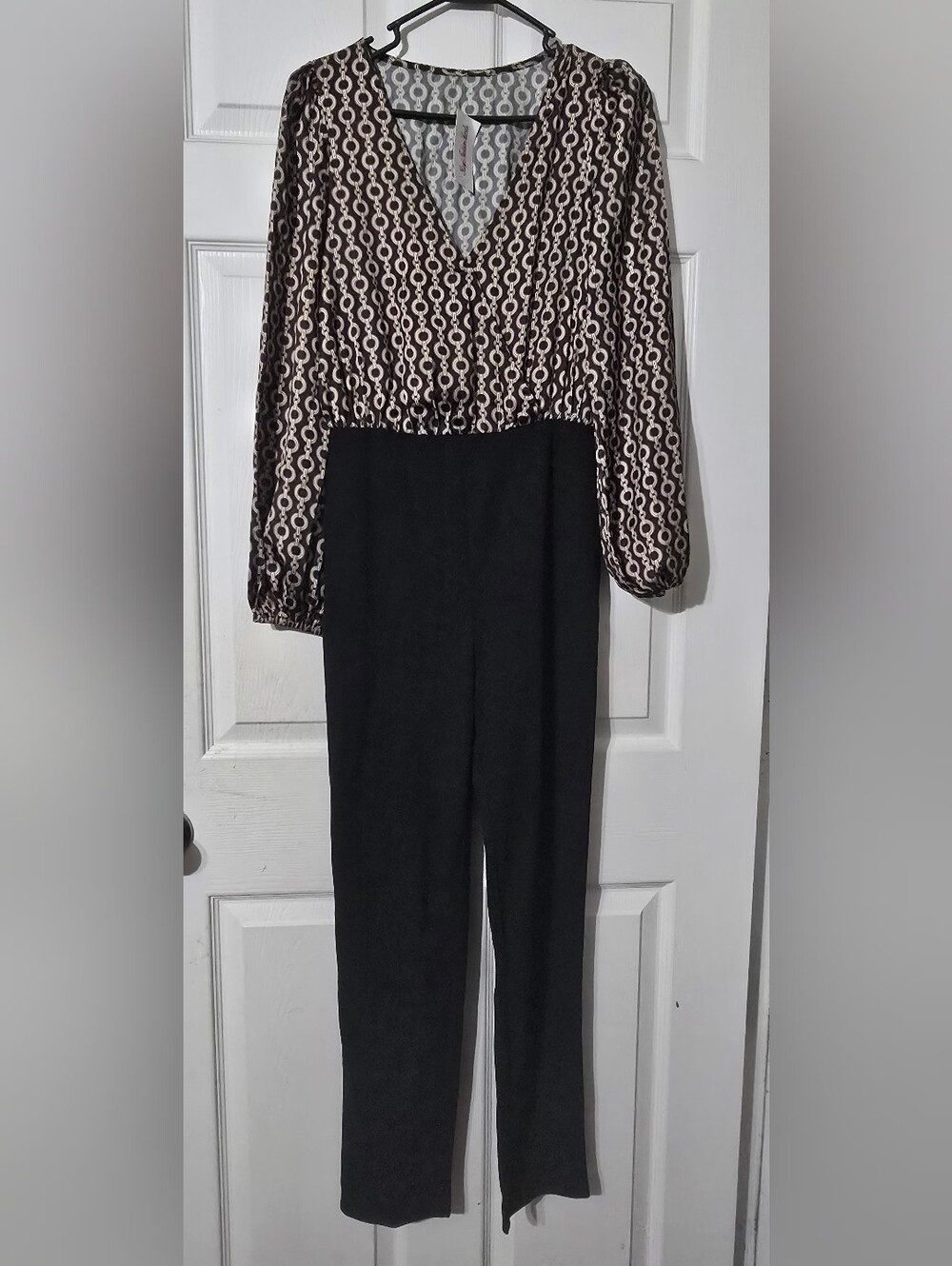 Womens Black & Brown Patterned Long-Sleeve Jumpsuit Small